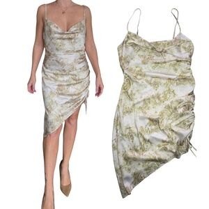 Garage Assimetrical Cowl Neck Satin Ruched Mini Dress Small Slip Floral Club